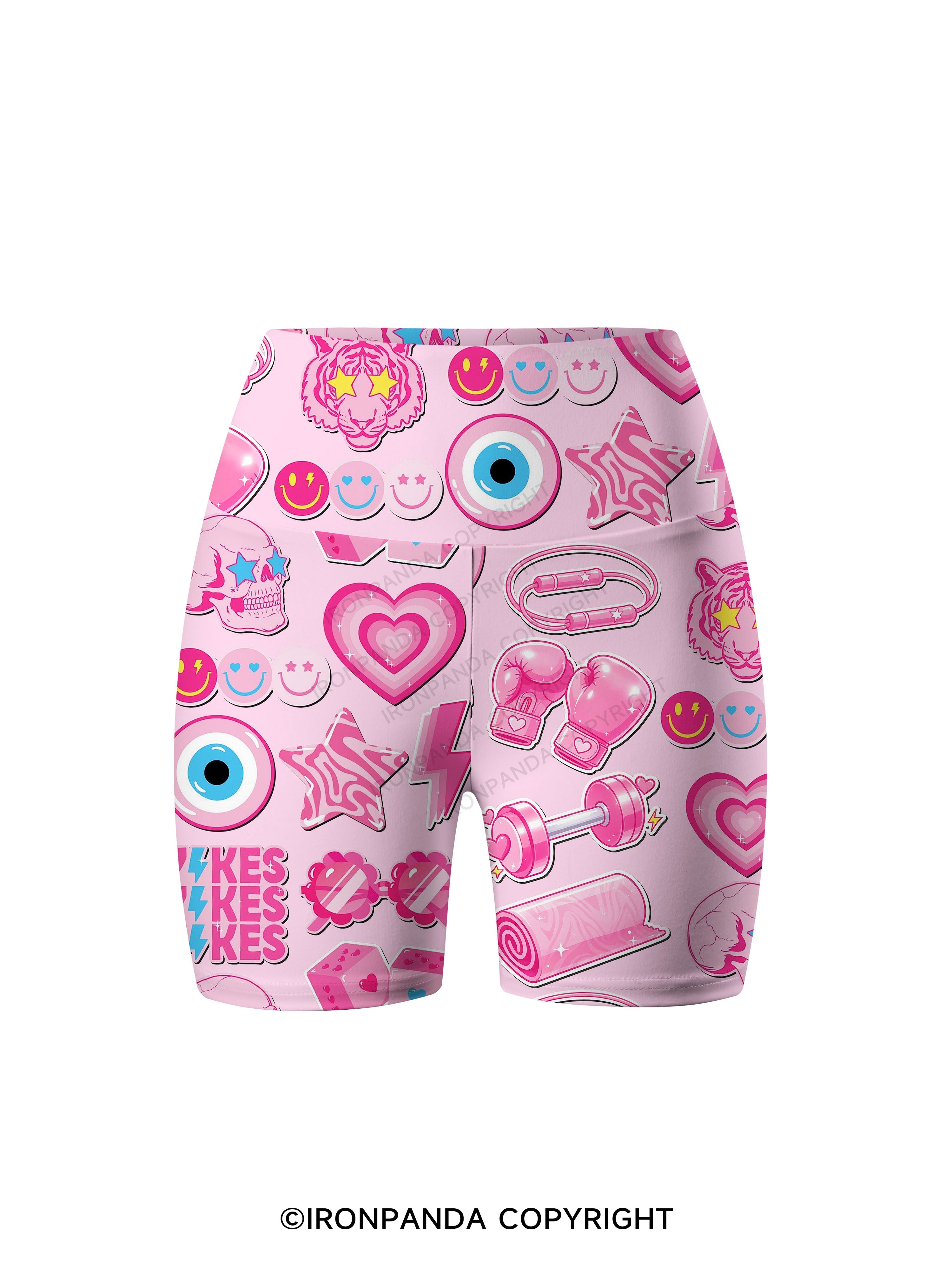 Pink Gym Sticker Bomb Printed Yoga Cycling Shorts