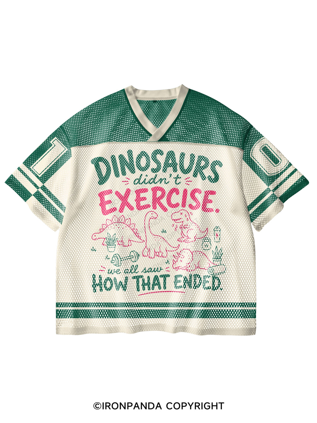 DINOSAURS DIDN'T EXERCISE. WE ALL SAW HOW THAT ENDED V-Neck Open Hole Mesh Top