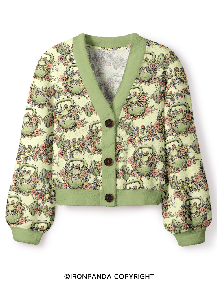 Fitness Floral Dumbbell Crop Ugly Cardigan Sweater