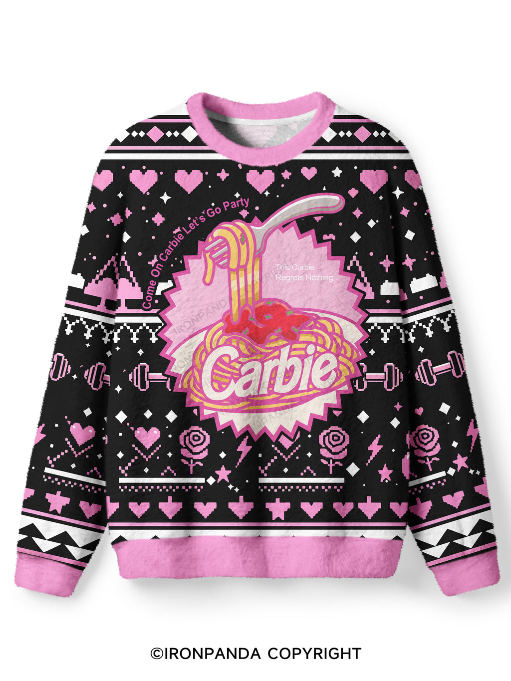 Carbie I Love Carbs Bread Pasta Pizza Ugly Fuzzy Fleece Sweater