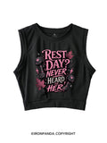 REST DAY NEVER HEARD OF HER SLEEVELESS CROP TOPS