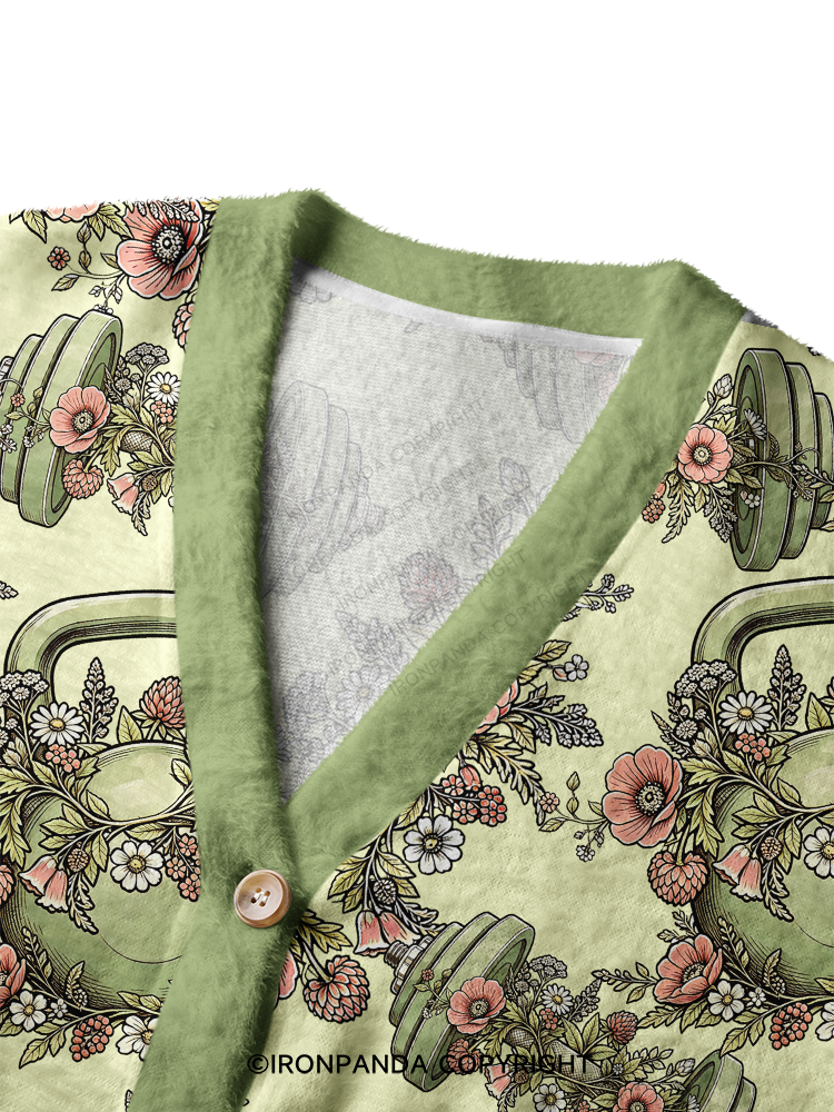 Fitness Floral Dumbbell Crop Ugly Cardigan Sweater