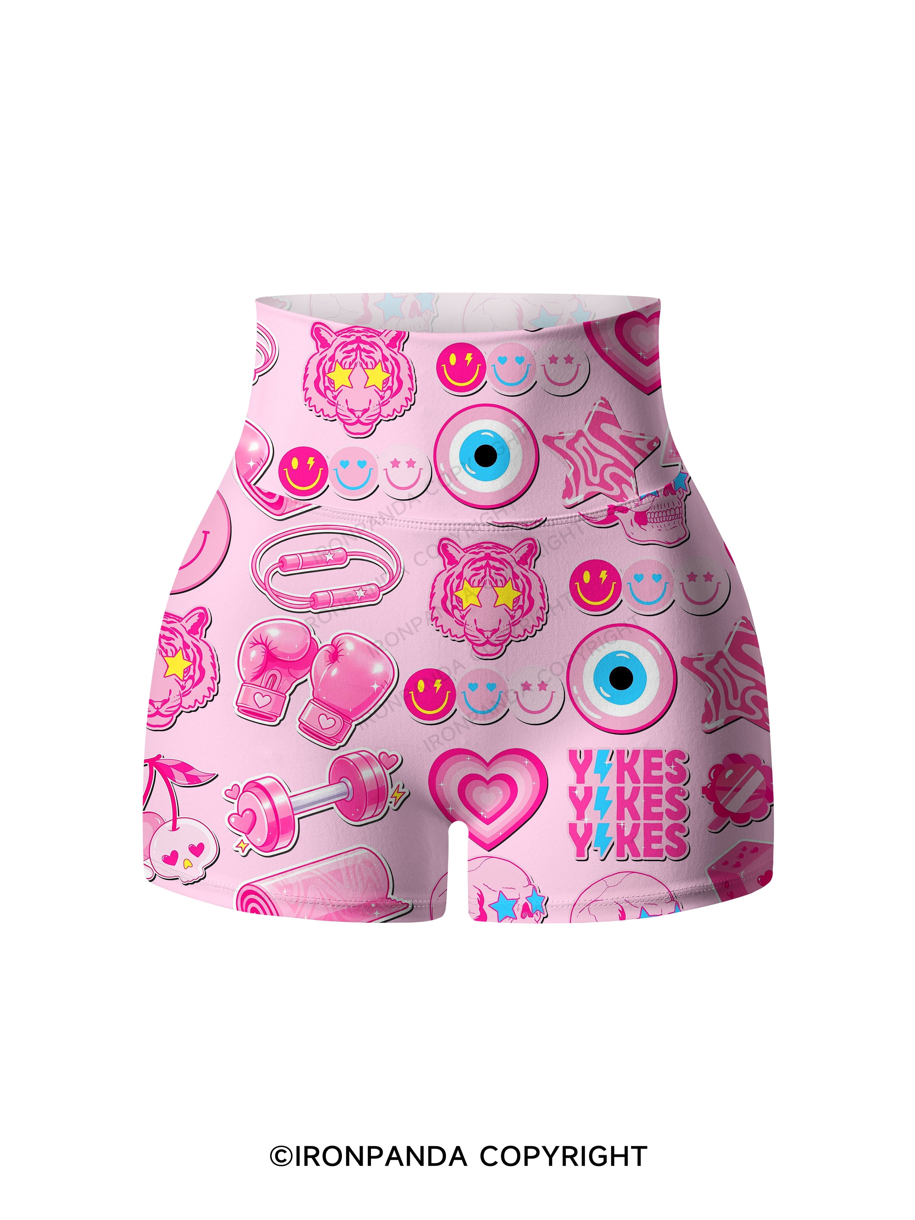 Pink Gym Sticker Bomb Printed Yoga Shorts
