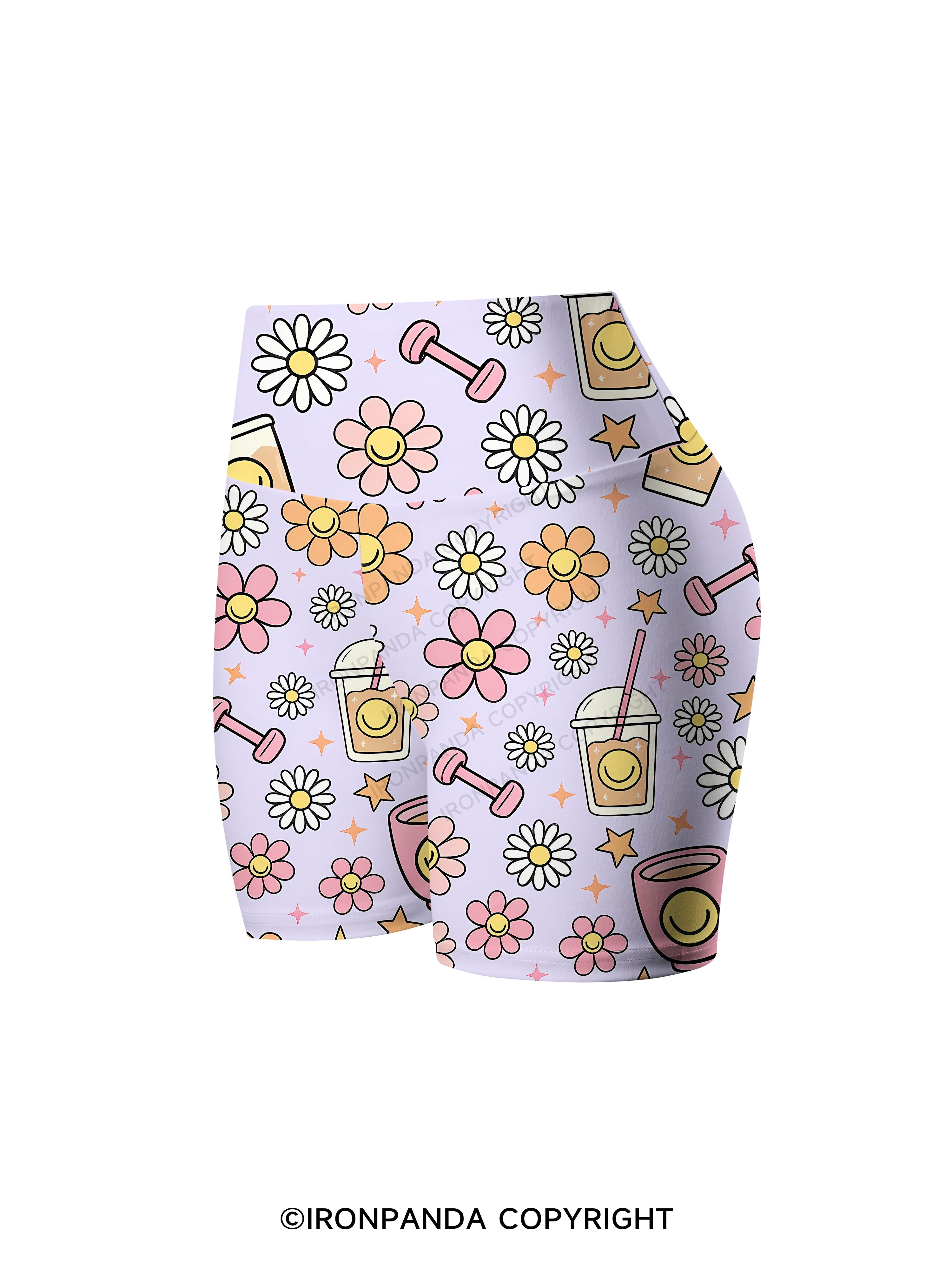 Daisy Coffee Gym Printed Yoga Cycling Shorts