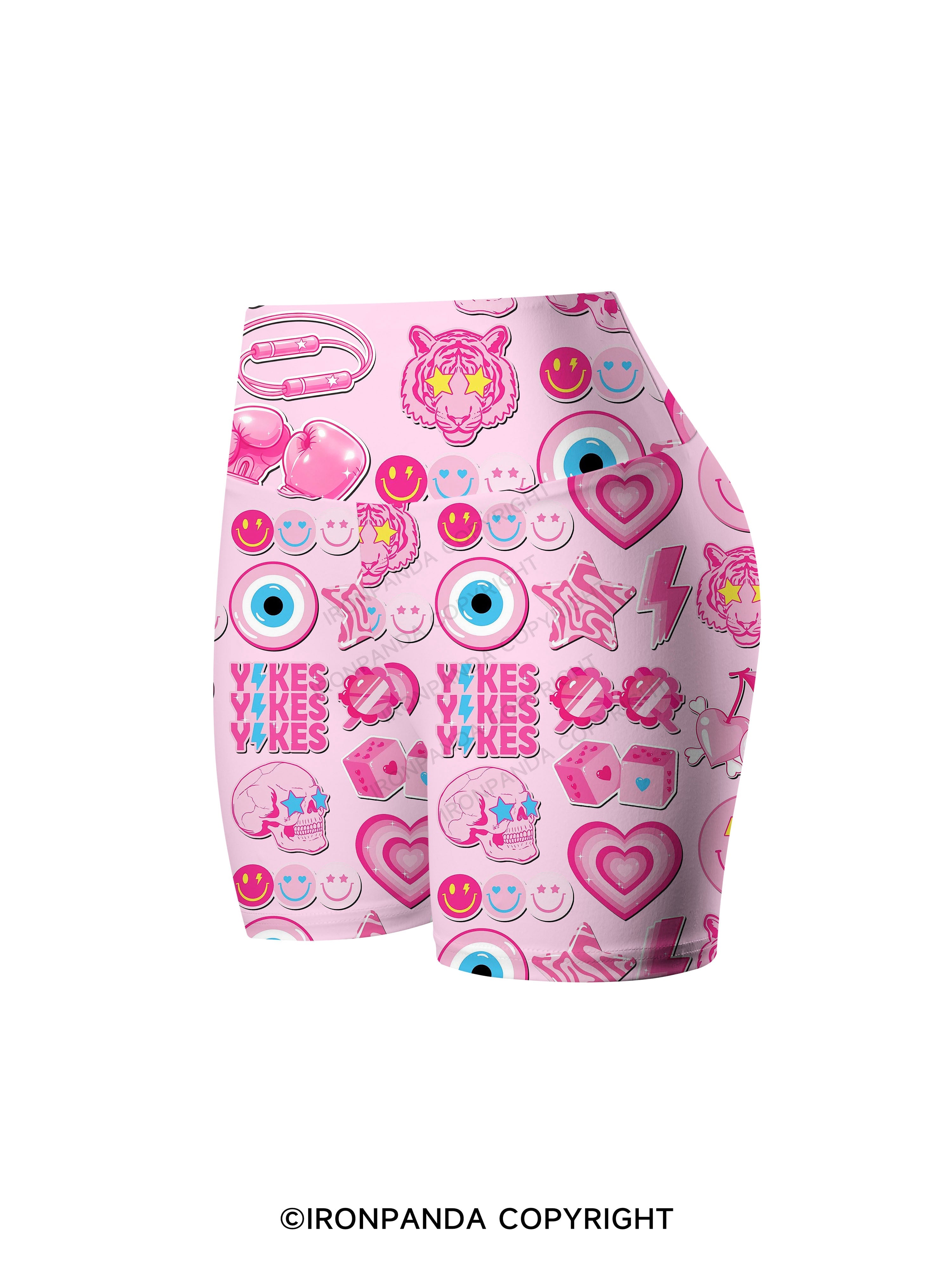 Pink Gym Sticker Bomb Printed Yoga Cycling Shorts
