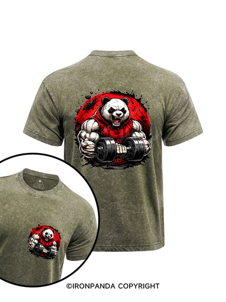Buff Panda Lifting Weights Printed Washed Gym Shirt
