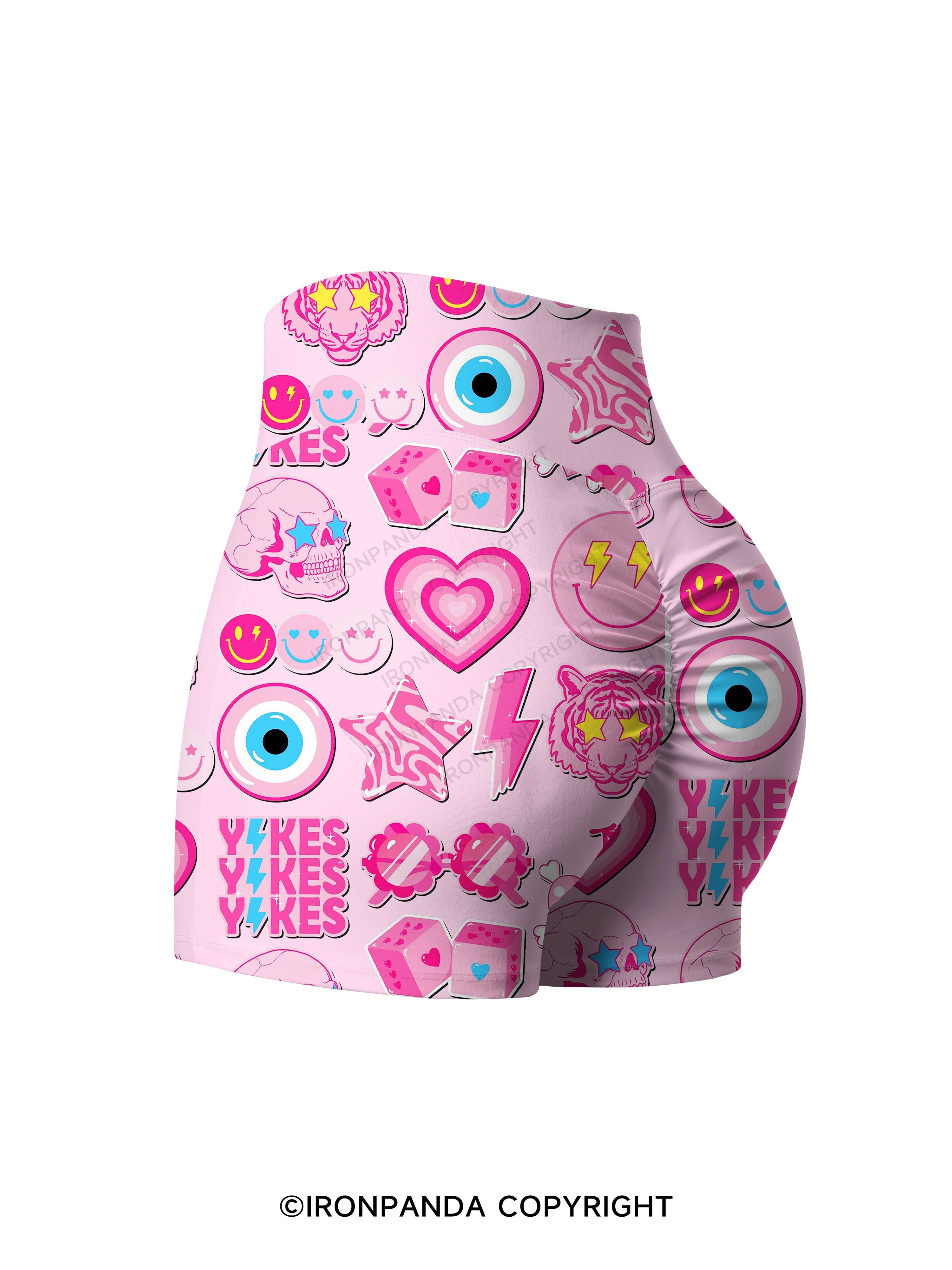 Pink Gym Sticker Bomb Printed Yoga Shorts
